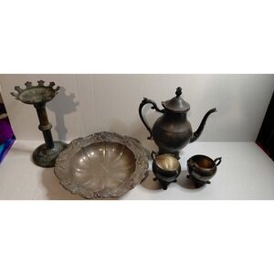 antique brass candlestick & vintage silver-plated tea coffee service Tray *As Is